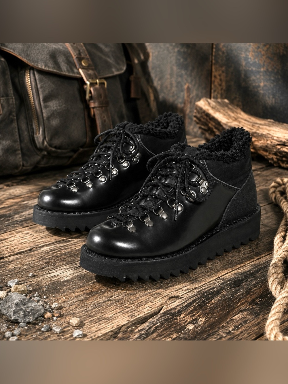 Diemme Capri Boots Leather Black Shearling Lined Hiker Ankle Booties Size 7
